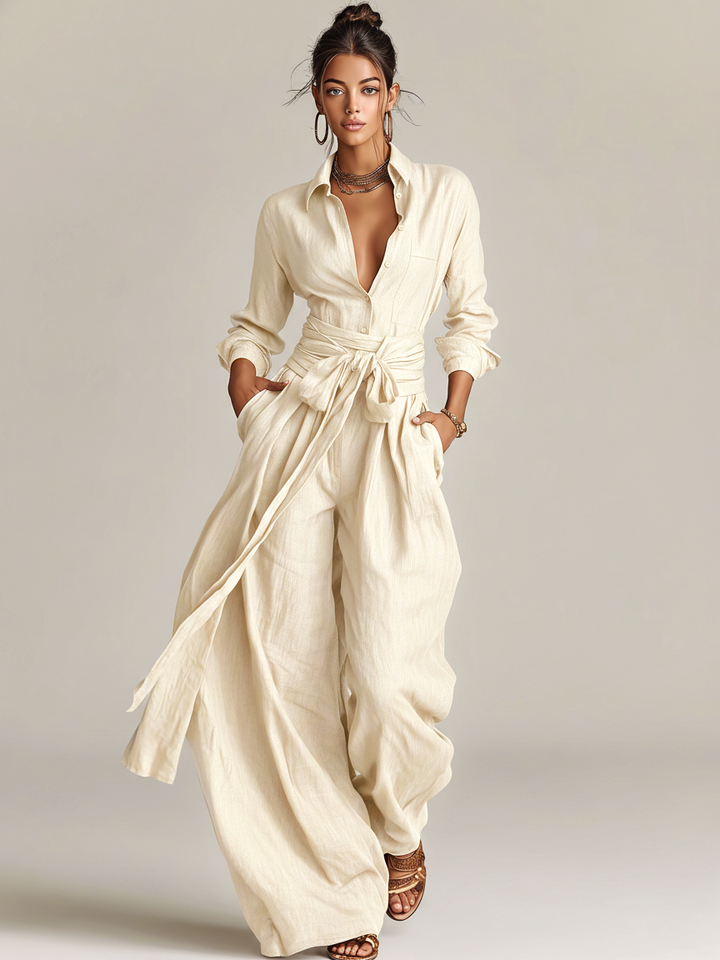 Stylish brown tie-waist long sleeve jumpsuit for women, featuring a chic wide leg and elegant design.