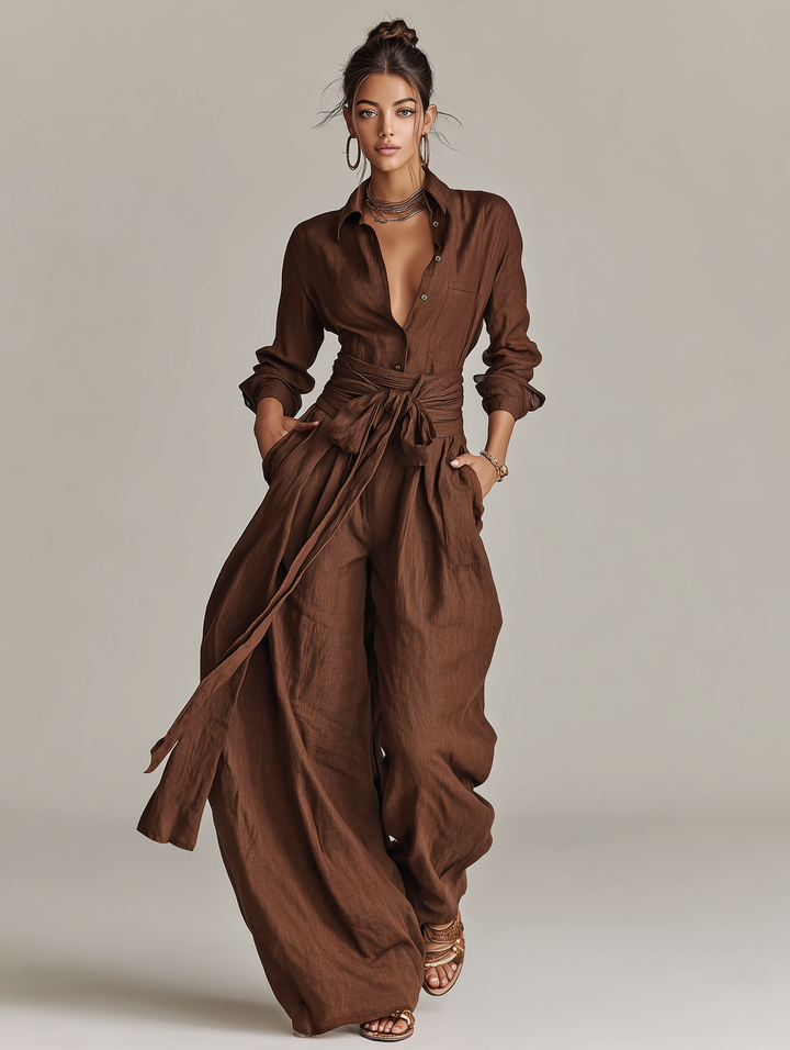 White long sleeve wide leg jumpsuit, a versatile tie-waist women's outfit for summer casual or elegant events.