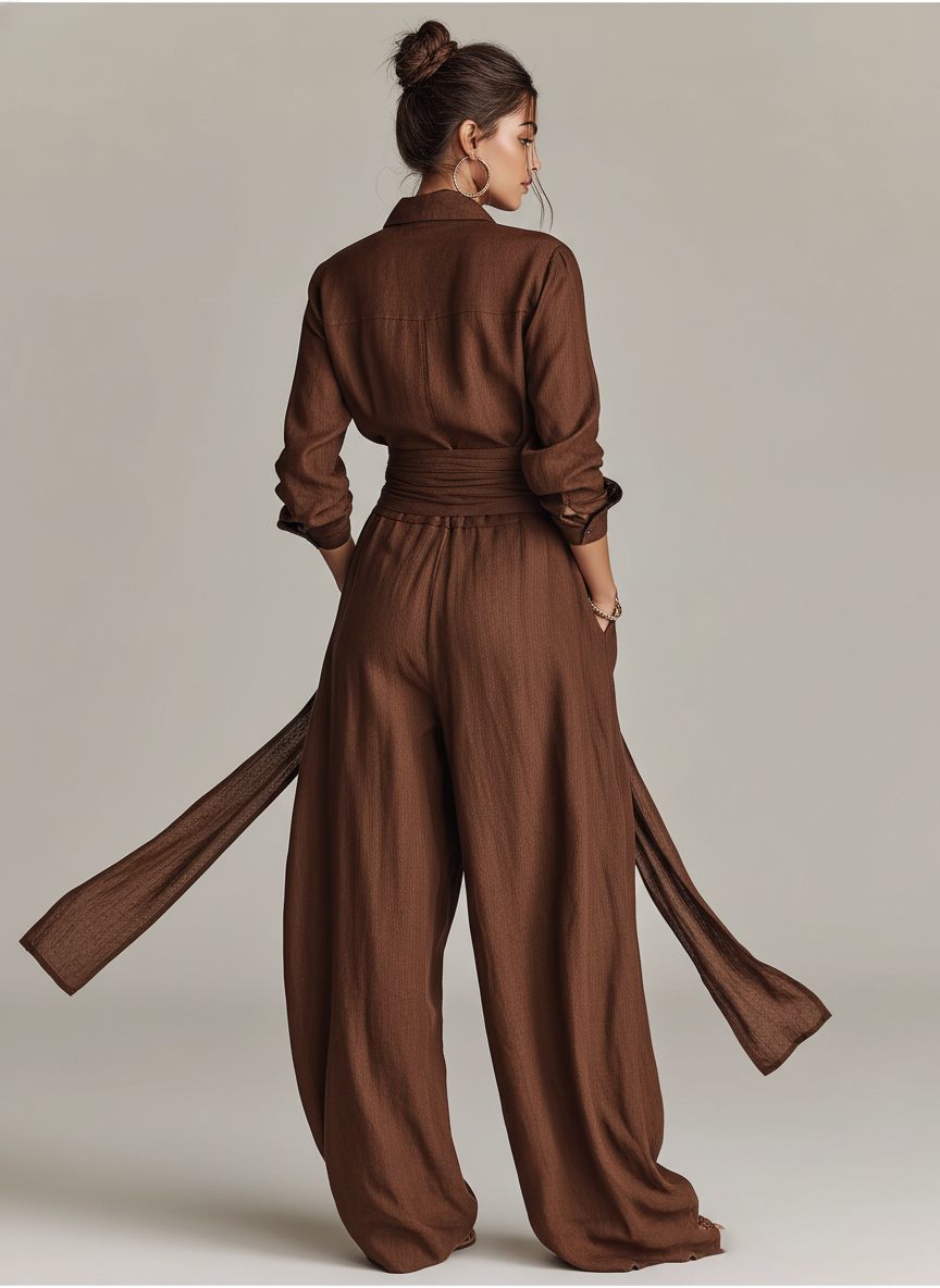 Chic women's wide leg jumpsuit in brown, with a flattering tie-waist and elegant long sleeves for summer.