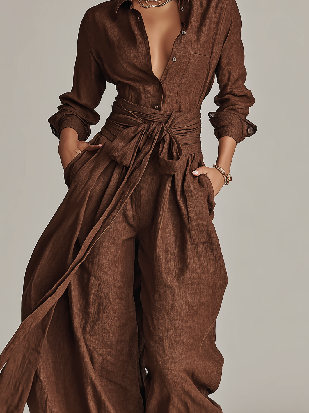 Elegant white women's long sleeve wide leg jumpsuit, a fashionable tie-waist piece for summer & resort style.