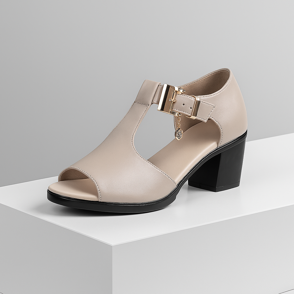 Elegant women's buckle block heels, perfect for day-to-night style. Versatile and chic fashion footwear.
