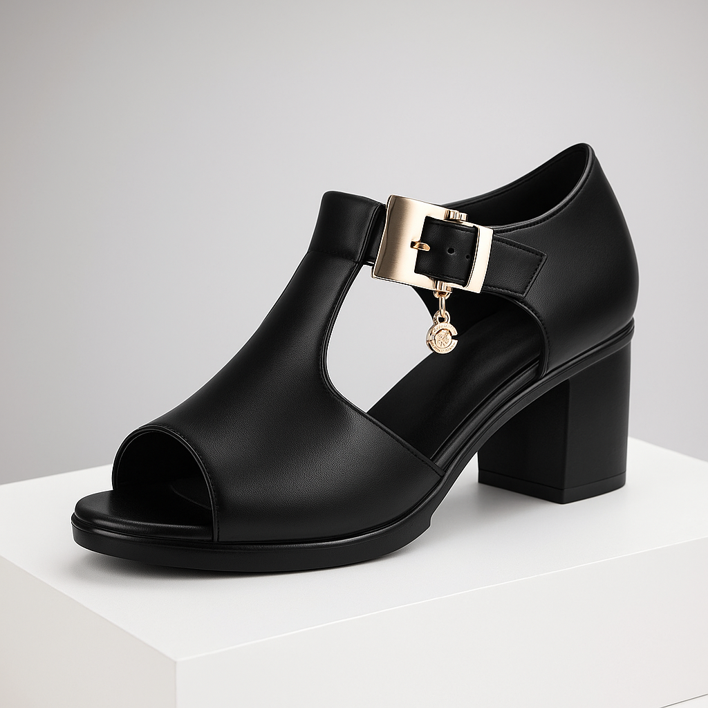 Chic open-toe block heels with an elegant buckle, ideal for comfortable day-to-evening wear.