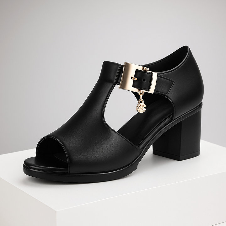Chic open-toe block heels with an elegant buckle, ideal for comfortable day-to-evening wear.