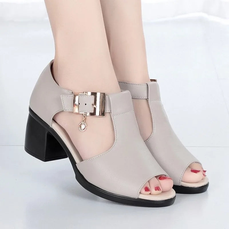Elegant women's work shoes: comfortable buckle block heels perfect for professional and evening looks.