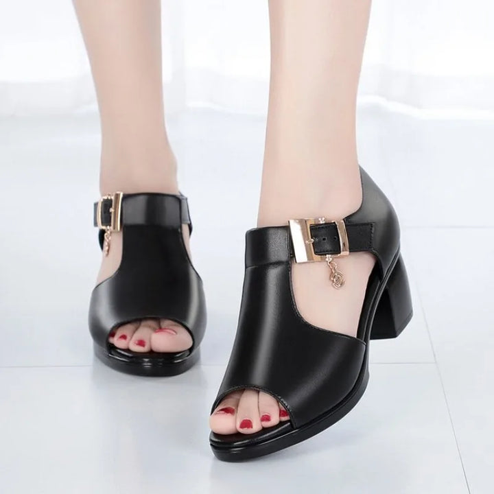 Front view of chic women's buckle block heels, showcasing their elegant day-to-night design.