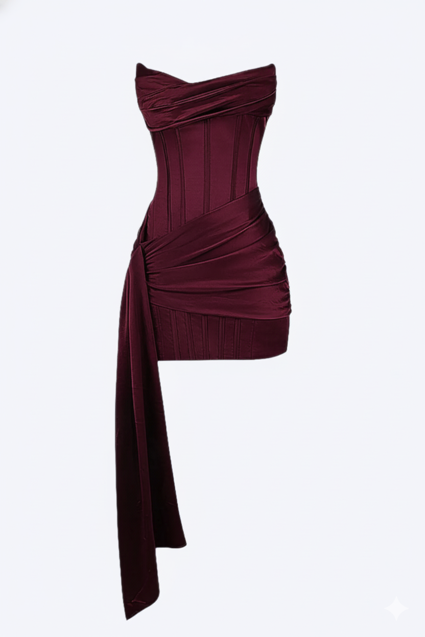 Elegant women's burgundy short evening dress, perfect for parties & special occasions. Fitted bodycon style.