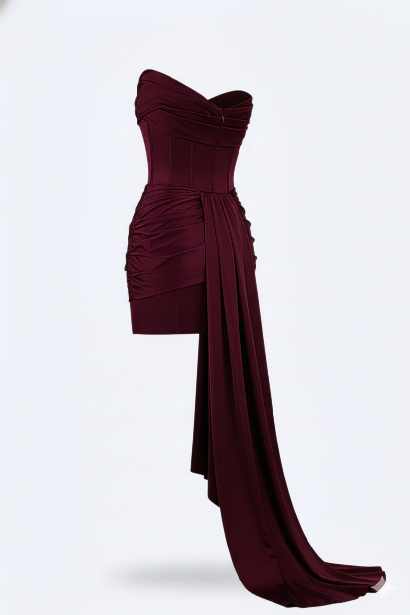 Stylish women's burgundy party dress, short & elegant. A fitted design for special occasions & evening wear.