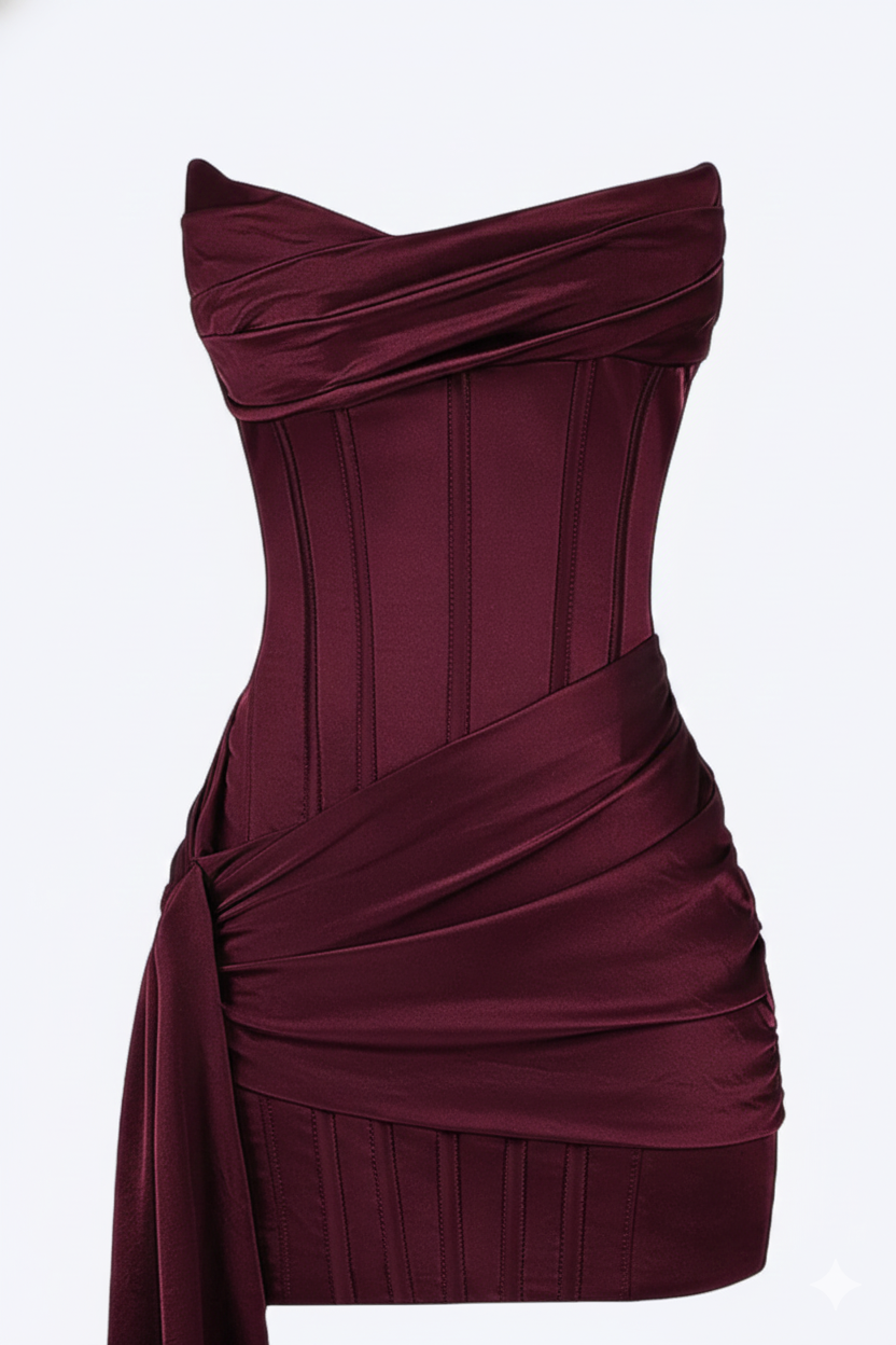 Sophisticated women's burgundy short evening dress with a flattering fitted silhouette. Ideal for cocktail parties.