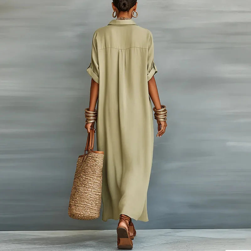 Stylish women's collared short sleeve maxi dress, featuring a chic full button down front.