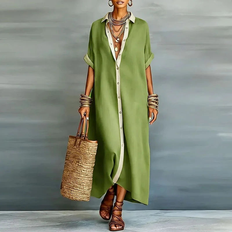 Chic women's collared maxi dress with a button-down design, a must-have for summer fashion.