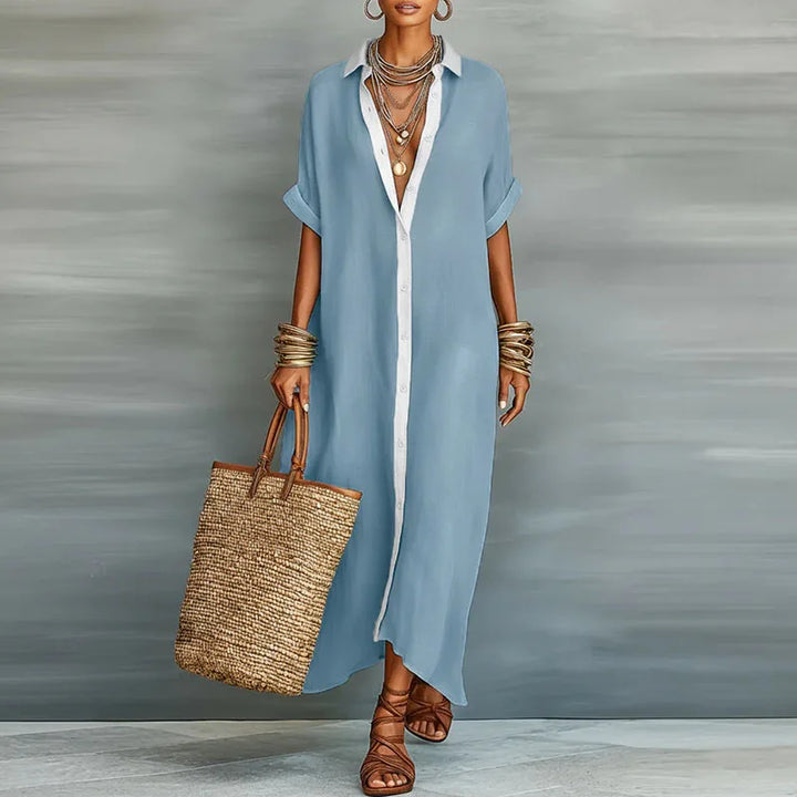 Comfortable short sleeve maxi shirt dress for women, offering elegant style and easy wear.