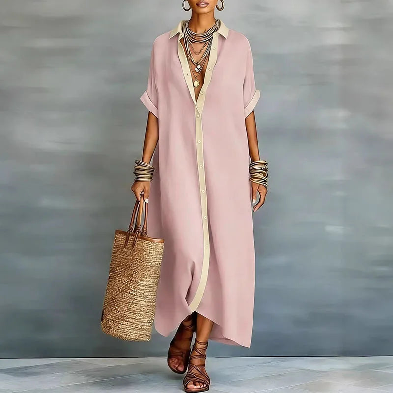 Sophisticated women's button down maxi dress, blending classic shirt dress design with modern elegance.