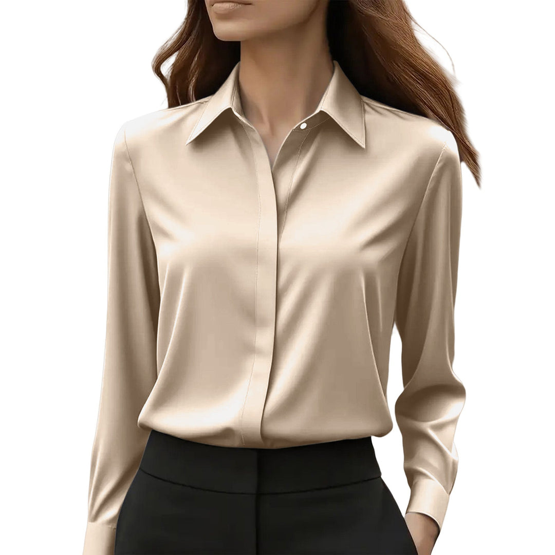 Modern women's button-front work blouse. Elegant long sleeve top for versatile office fashion & professional look.
