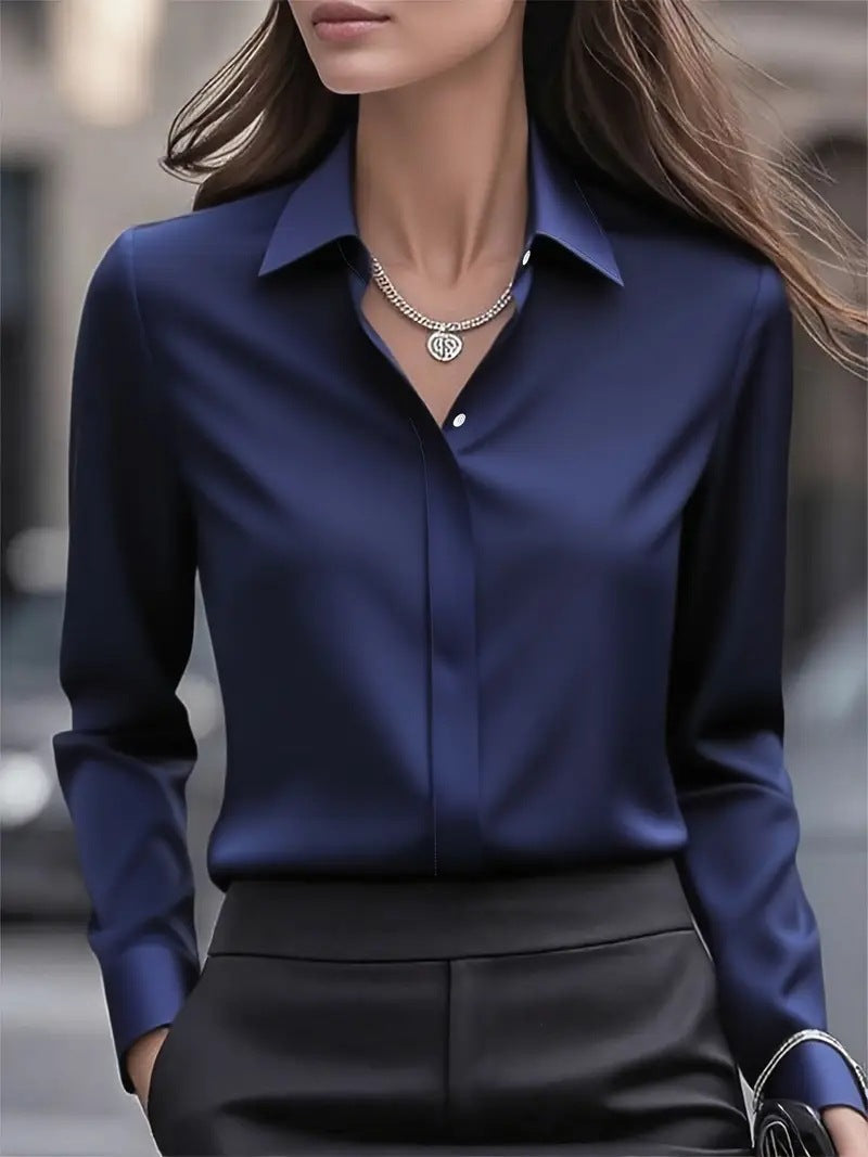 Smart women's button-front blouse. Elegant long sleeve top for work, office fashion & polished professional style.