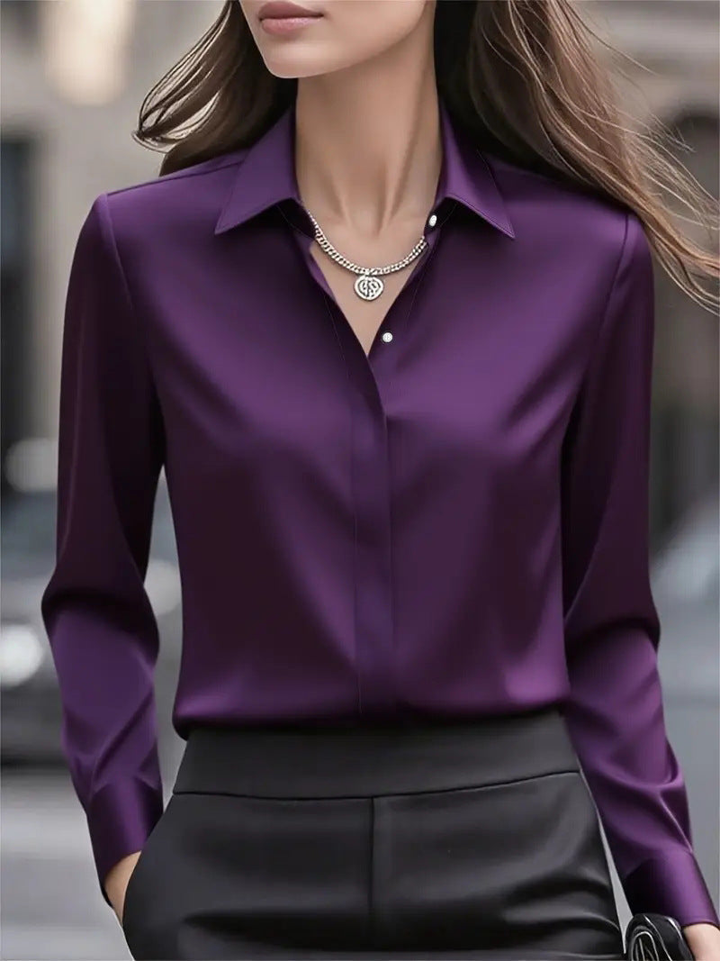 Professional women's button-front blouse. Elegant long sleeve top for office style, work & versatile fashion wear.
