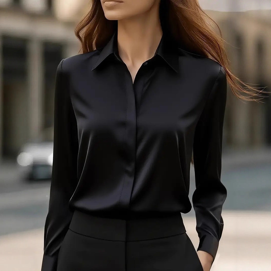 Versatile women's button-front long sleeve blouse. Elegant top for office, work & fashion-forward style.