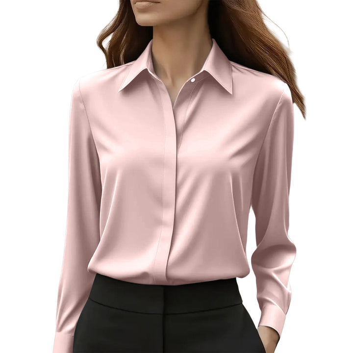 Sophisticated women's button-front blouse. Chic long sleeve top for elegant office wear & polished style.