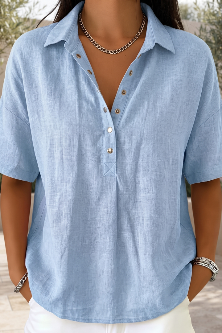 Chic women's versatile button blouse. Long-sleeve elegant top for a polished look, suitable for work & casual wear.