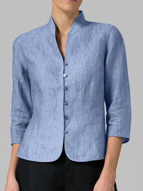 Elegant women's button-front blouse with 3/4 sleeves, perfect for office or casual chic. Relaxed fit.