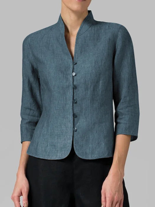 Minimalist women's work wear blouse, button-front with 3/4 sleeves. Versatile everyday top.