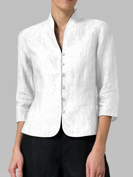 Relaxed fit women's 3/4 sleeve blouse with elegant button-front. Great for work wear & daily style.