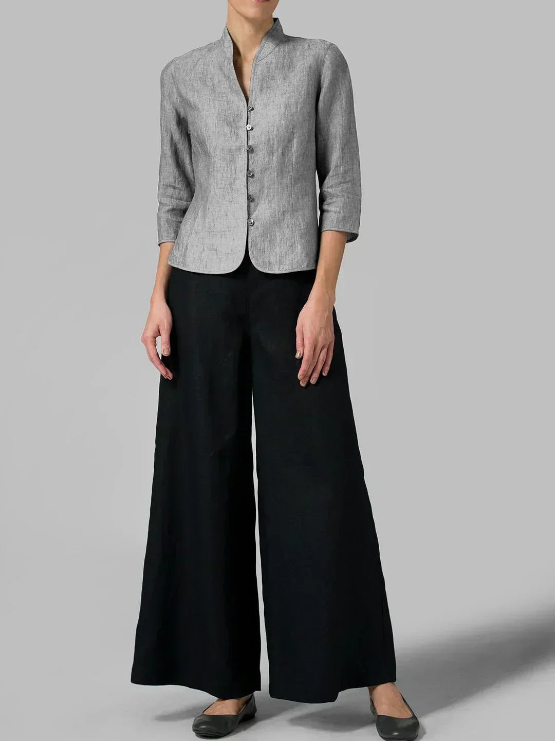 Stylish women's button-front blouse, 3/4 sleeves. Casual chic, comfortable for office or everyday wear.