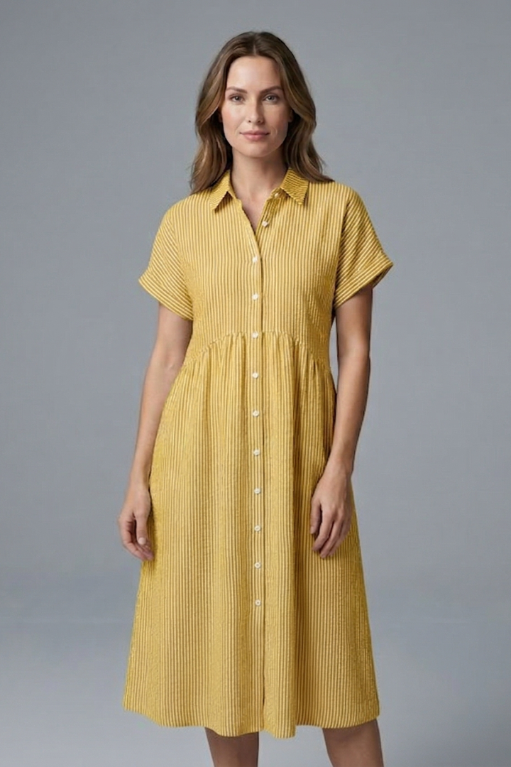 Chic button-front collared midi dress for women, combining elegance with casual summer style.