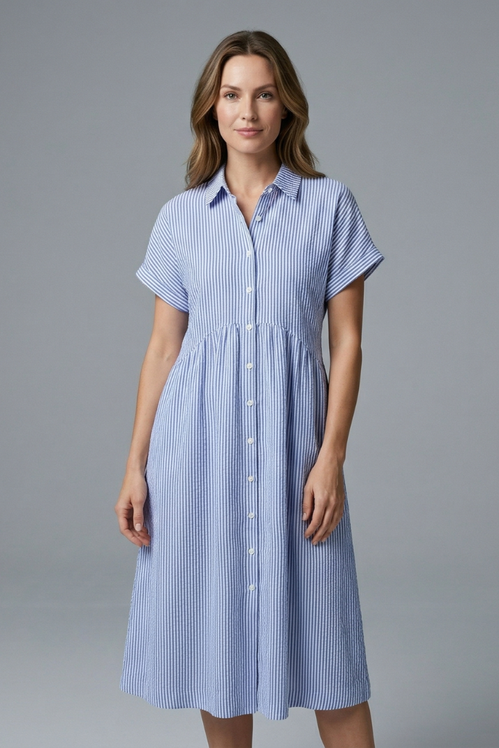 Stylish collared midi dress for women, featuring a button-front closure. Perfect for summer fashion.