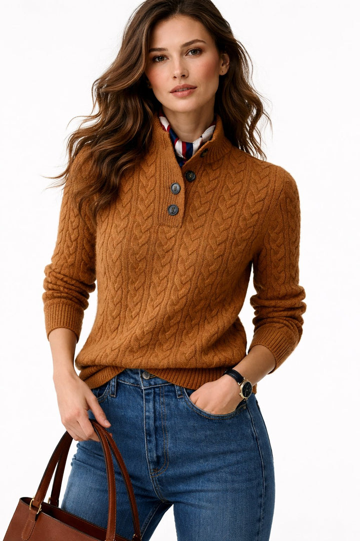 Elegant women's cable knit pullover sweater with stylish button-neck. Perfect for fall & winter cozy fashion.