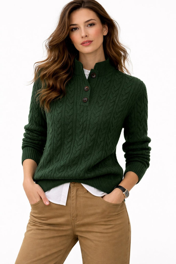 Chic women's cable knit button-neck pullover. Versatile long sleeve sweater for elegant casual fall/winter style.
