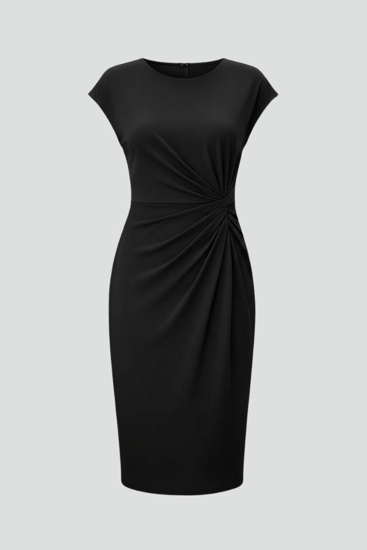 Elegant women's cap sleeve knee-length dress with ruched waist and round neck for a flattering fit.