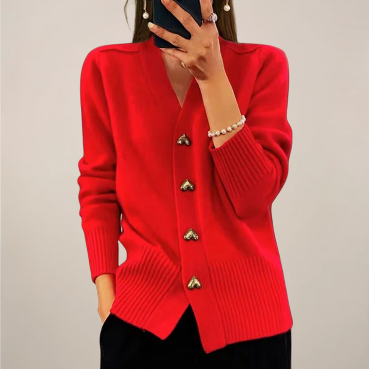 Fashionable women's long sleeve cardigan with gold heart buttons, ideal for casual layering.