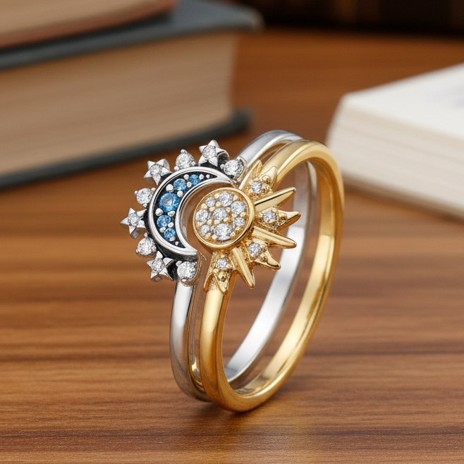 Elegant women's celestial sun & moon ring with sparkling crystal accents. Perfect fashion jewelry or gift for her.