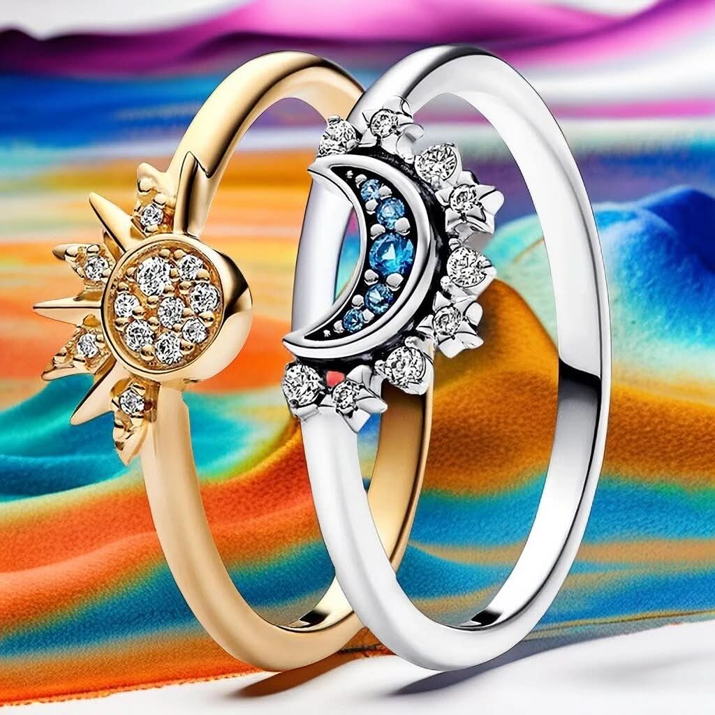 Silver-tone women's sun & moon ring, an elegant celestial jewelry piece with shimmering crystal accents. Great gift.