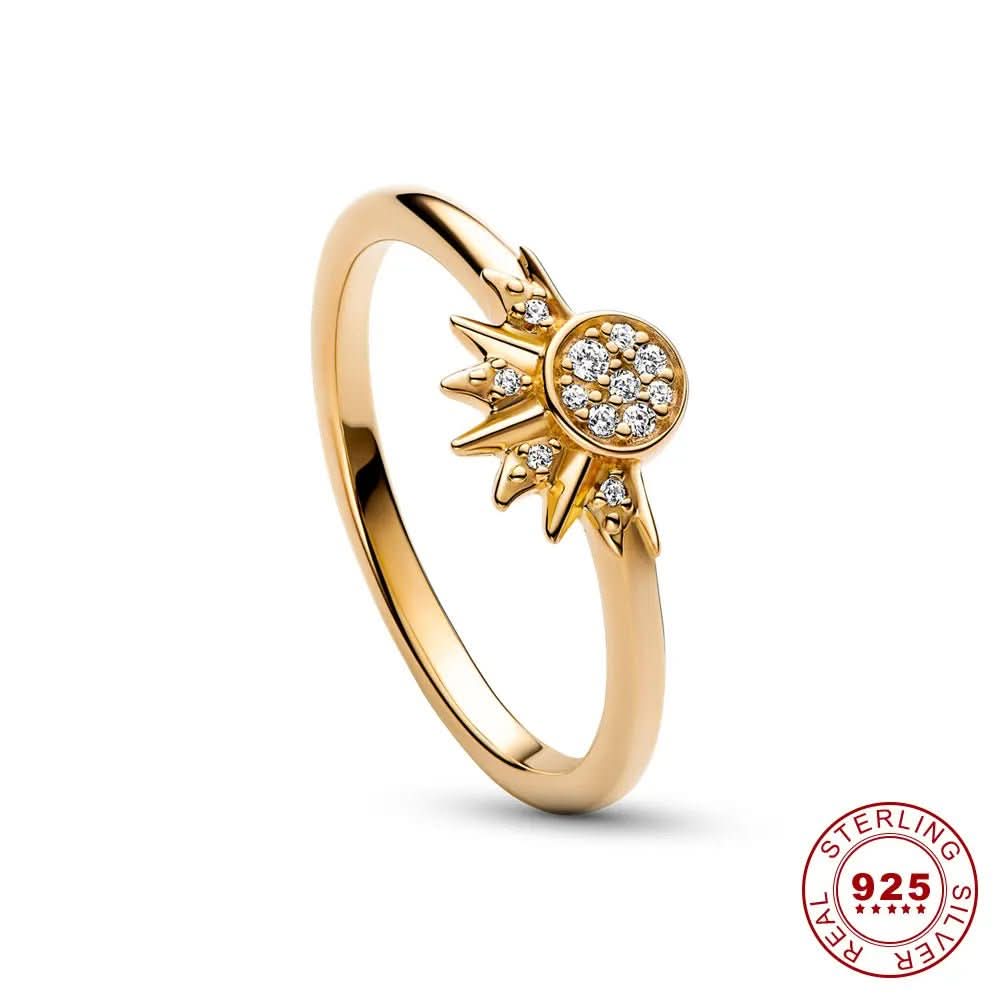 Sparkling women's sun & moon celestial ring with crystal accents, an elegant and unique gift for her. Cosmic jewelry.