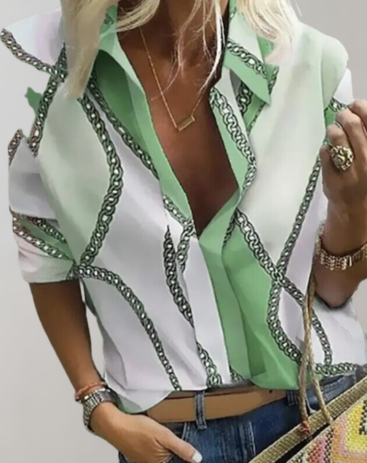 Elegant women's chain print long sleeve blouse. Perfect for sophisticated office wear or stylish casual outings.