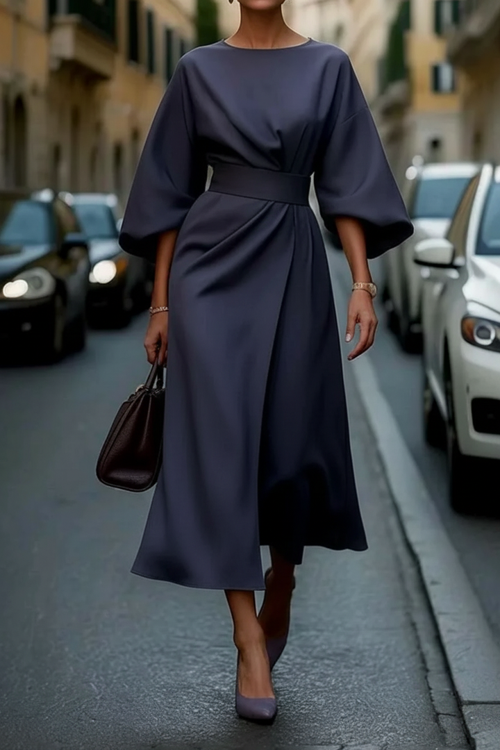 Sleek formal midi party dress for women, ideal for cocktail parties & elegant evening events.