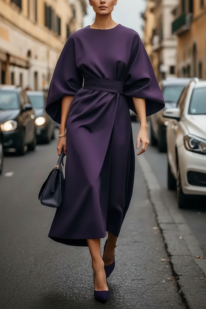 Back view of a stylish women's formal midi dress, elegant for evening events & special occasions.