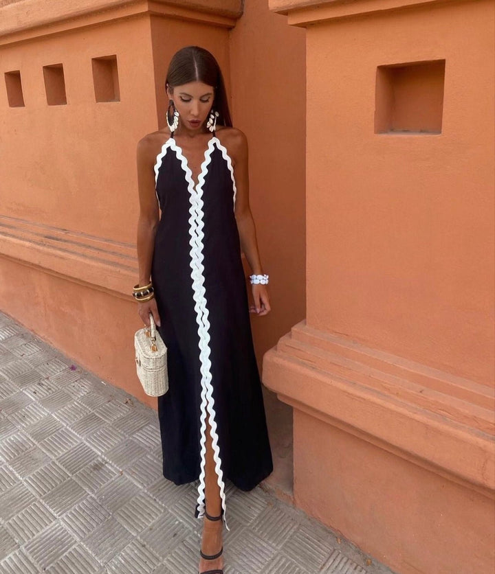 Elegant Women's Chic Contrast Trim Maxi Wedding Guest Dress with V-neck, perfect for summer occasions.