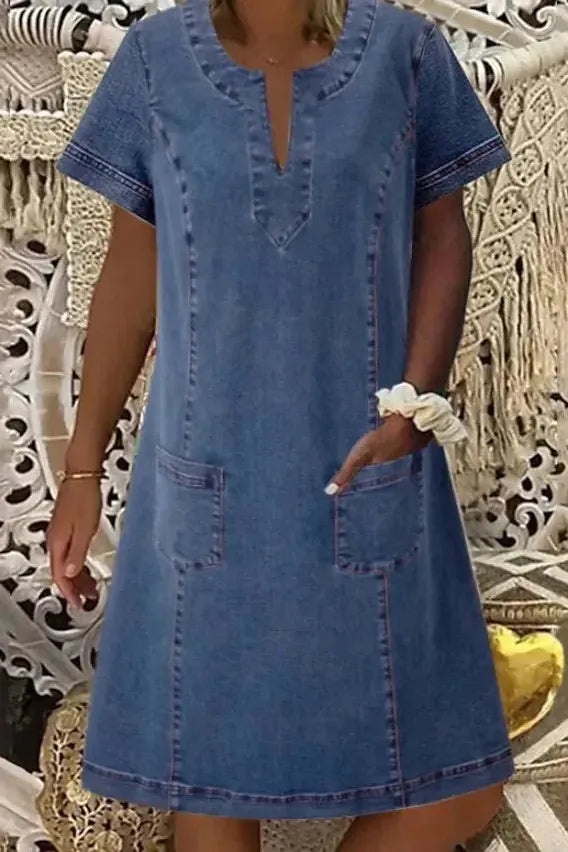 Elegant women's classic blue midi dress, A-line cut, long sleeve, perfect for sophisticated formal or casual wear.