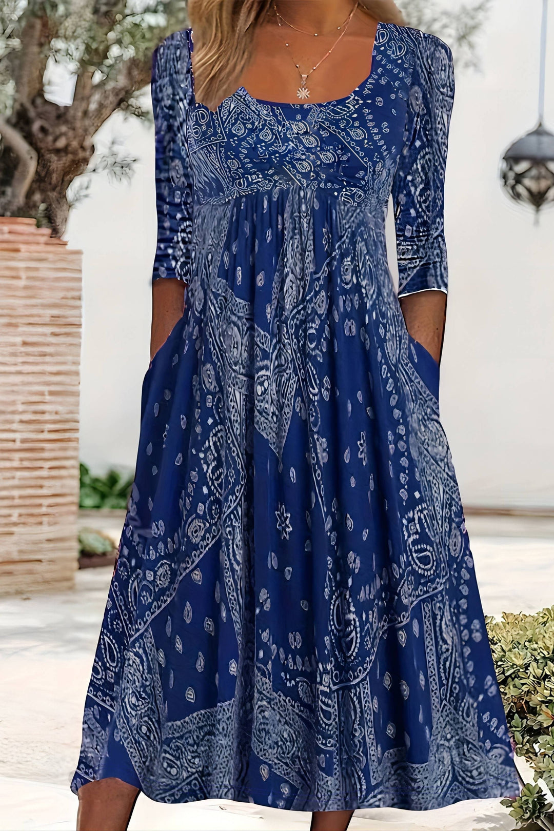 Modest A-line midi dress for women. Elegant classic style, comfortable for versatile office, party, & casual wear.