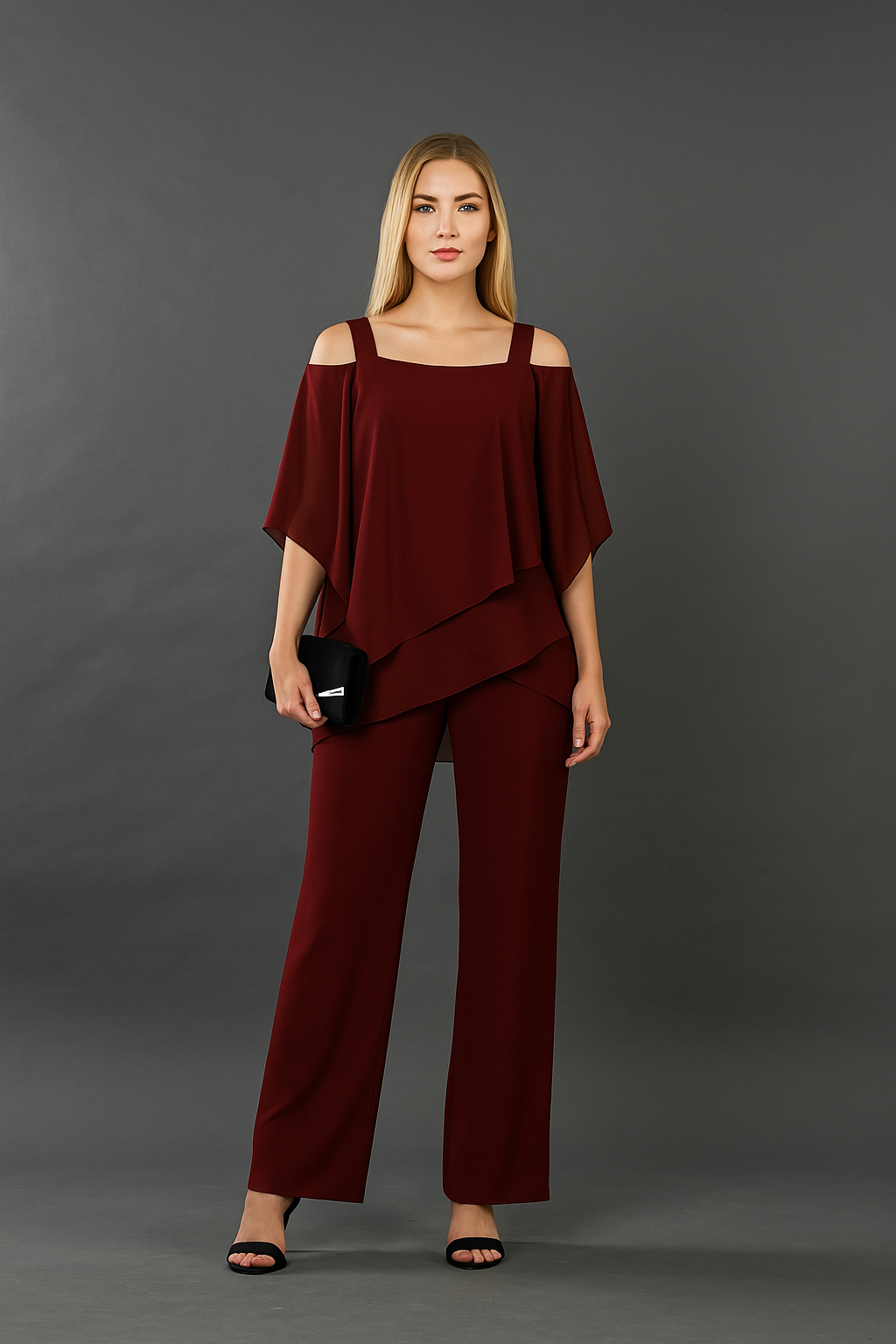 Elegant women's cold-shoulder two-piece pants set, perfect for chic casual or formal events.
