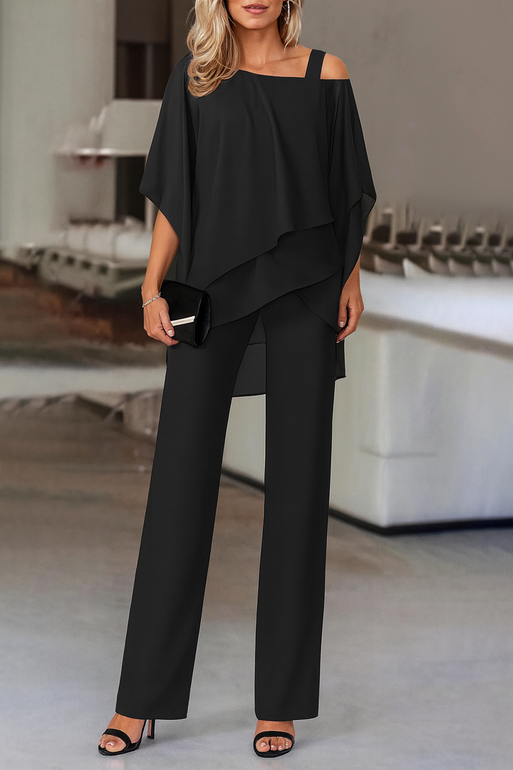 Chic women's matching cold-shoulder top & wide-leg pants set. Ideal for parties, vacations, or modern formal wear.