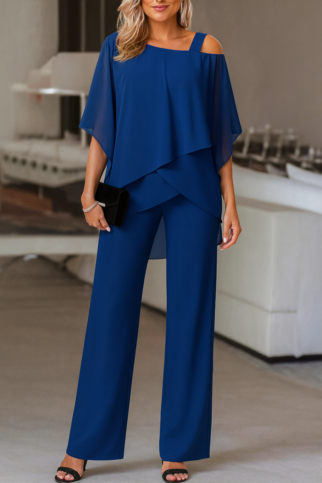 Comfortable women's elegant cold-shoulder pants set, versatile for date nights, office, or evening events.