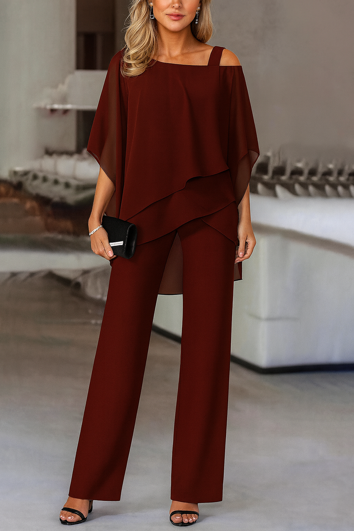 Fashionable women's cold-shoulder matching pants set, a chic and elegant choice for contemporary style.