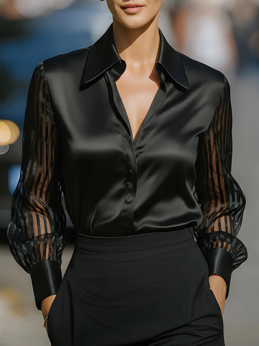 Elegant women's collared blouse with stylish sheer stripe long sleeves, perfect for work or dressy occasions.