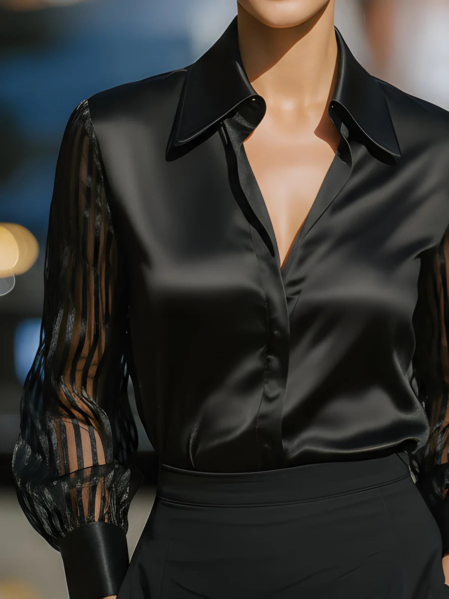 Stylish women's long-sleeve blouse, comfortable collared top with modern sheer stripes, great for business casual.