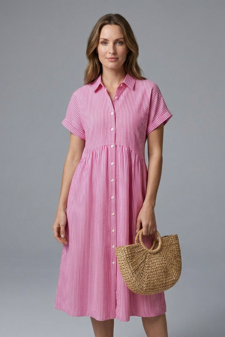 Sophisticated women's collared button-front midi dress, ideal for office workwear or a stylish casual look.