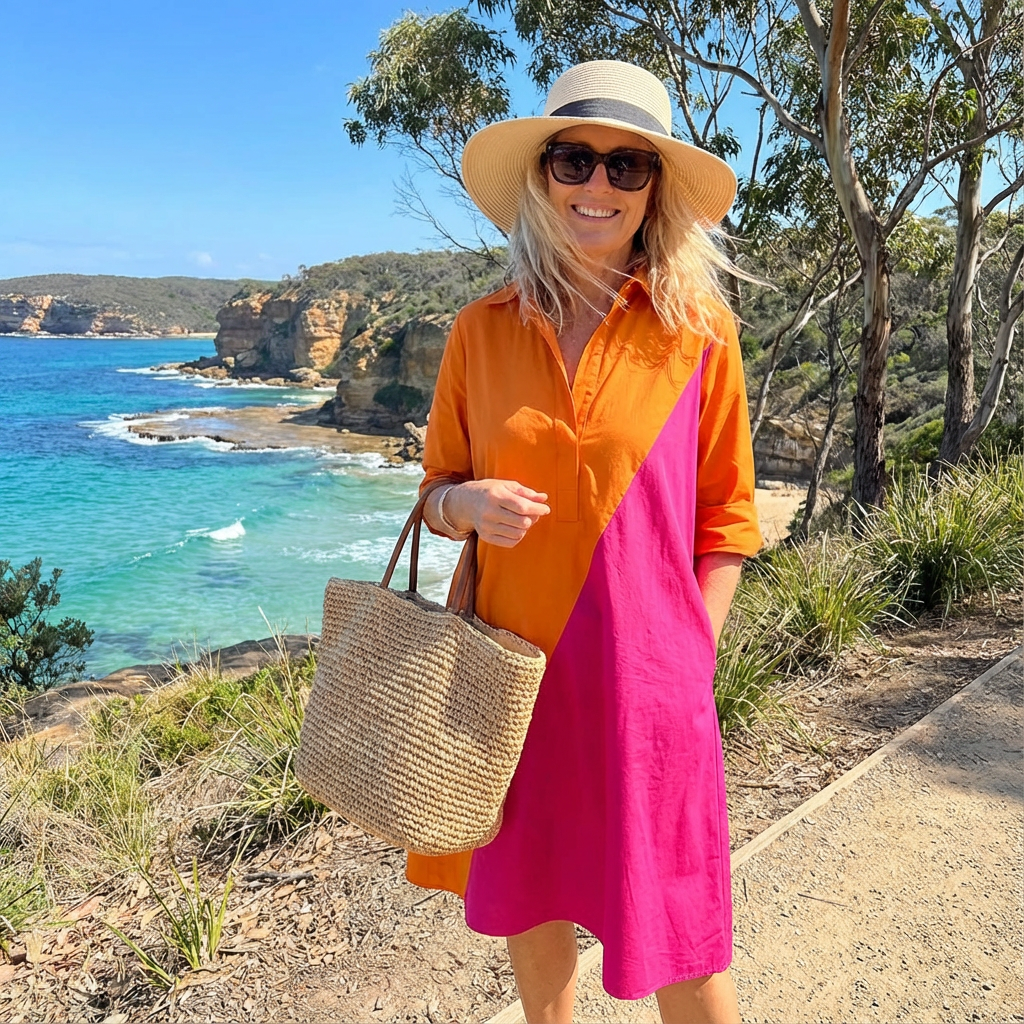 Sophisticated A-line button-down midi dress for women featuring a chic color-block pattern.