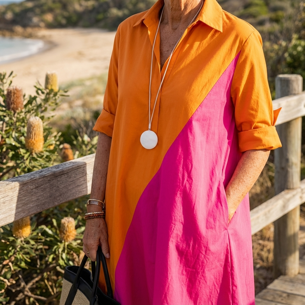 Chic women's color-block midi dress with an elegant A-line silhouette, ideal for sophisticated event wear.